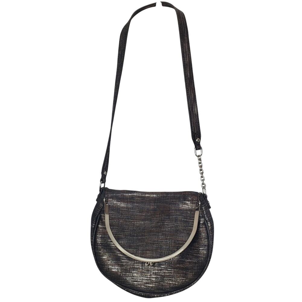 HOBO Armour Shoulder Bag Crossbody Purse Metallic Leather Grayish Brown